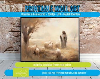 Psalm 23 Wall Art Printable – Jesus with Sheep Faith Artwork, “The Lord Is My Shepherd,” Christian Home Decor, Digital Download Print