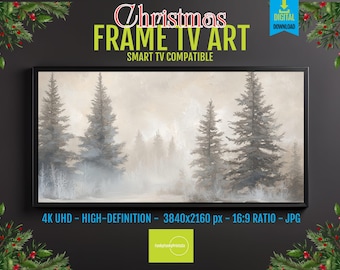 Misty Winter Forest River - Samsung Frame TV Art - 4K HD Pine Trees Digital Download, Neutral Decor for Cozy Spaces, 16:9 Aspect Ratio