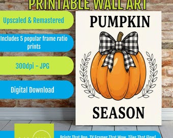 Pumpkin Art Printable with Checkered Bow, Bold Text, Vibrant Autumn Christian Wall Decor, Festive Religious Illustration