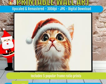 Santa Hat Cat Print Christmas Wall Art, Festive Holiday Kitty Illustration Poster, Cozy Winter Pet Decor, Nursery Bedroom, Digital Download
