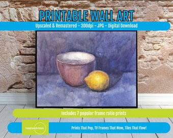 Lemon Watercolor Print for Kitchen Wall Art, Moody Minimalist Fruit Bowl Decor, Rustic Still Life, Digital Downloadable Artwork
