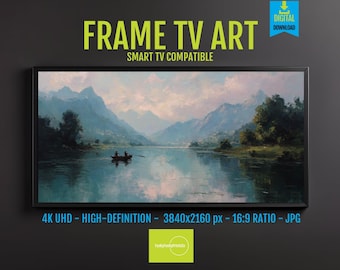 River Landscape Digital Art: Calm Mountains and Reflective Water - Screen Decor