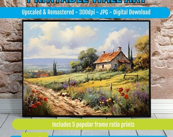 Colorful Landscape Art Print with Rolling Hills and Wildflower Fields, Countryside Farmhouse Digital Download for Vibrant Home Decor