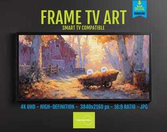 Halloween theme, 4K UHD Digital Art Download – Rustic Autumn Barn, Playful Ghosts, Serene Cozy Landscape for Samsung Frame TV