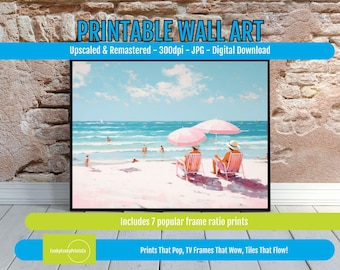 Impressionist Beach Painting Print – Pink Seaside Landscape Art, Coastal Wall Decor, Vintage Ocean Scene, Peaceful Digital Download Artwork