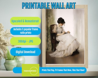 Vintage Style Woman Reading Portrait Print, Neutral Tones, Antique Inspired Oil Painting, PRINTABLE Wall Art Digital Download