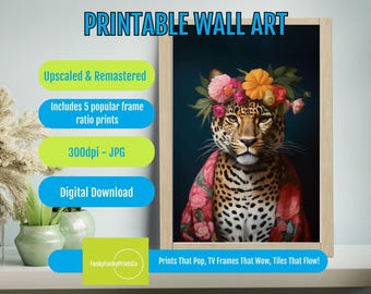 Leopard Portrait Art Print – Boho Jungle Animal Wall Decor, Vibrant Botanical Design, Exotic Home Accent, Digital Download Artwork