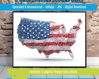Geometric USA Map Art Print with American Flag Overlay, Modern Abstract Country Shape, Digital Home Decor, Instant Download