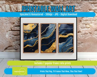 Blue Marble Wall Decor Set of 3, PRINTABLE Modern Abstract Art, Digital Download, Minimalist Marble Prints for Home Decor