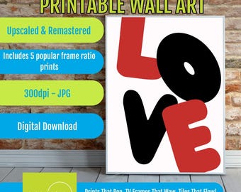 Love Wall Art Printable Romantic Home Decor, Red Black Typography (Digital Download, Multiple Sizes, Modern Style)