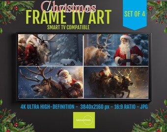 Samsung Frame TV Art – 4 Santa and Reindeer Flying Over Snowy Forest, Classic Christmas Night Scene, 4K UHD Digital Download Holiday Decor