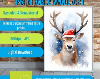 Christmas Reindeer in Santa Hat - Printable Wall Art - Holiday Decor - Reindeer Antlers Ornament - Winter Gift