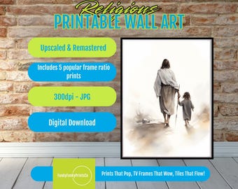 Christian Inspirational Art Print, Jesus Walking With Child, Faith Wall Decor, Shepherd Illustration, Scripture Wall Art Digital Download