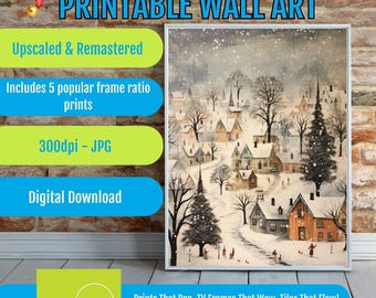 Vintage Christmas Village Print, Retro Holiday Wall Decor Poster, Nostalgic Festive Town Illustration, Cozy Winter Home Art Digital Download
