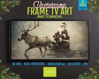 Samsung Frame TV Art – Vintage Santa Sleigh Scene, Christmas Eve Reindeer Ride, 4K UHD Digital Download, Classic Holiday Wall Display