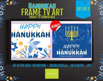 Festival of Lights Hanukkah Digital Art,Menorah Scene in Blue & Gold, 4K UHD Samsung Frame TV Display, Elegant Holiday Home Digital Download