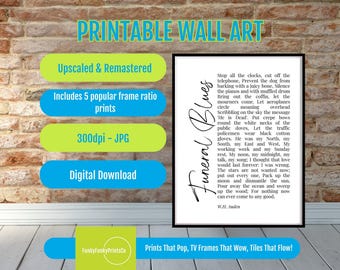 Funeral Blues Poem Wall Art Printable – W.H. Auden Memorial Poetry Print, Bereavement Gift, Grief and Loss Decor, Elegant Inspirational Art