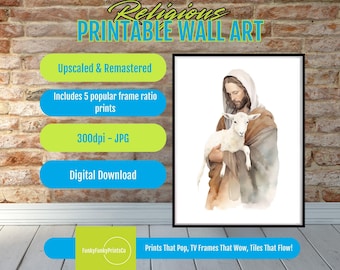 Jesus and Lamb Christian Art Print – Gentle Shepherd Watercolor Poster, Faith Wall Decor, Religious Home Digital Download