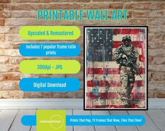 Military Wall Art Printable American Soldier Flag Patriotic Decor, USA Pride Digital Download, Memorial Day, 4th of July Veteran Gift