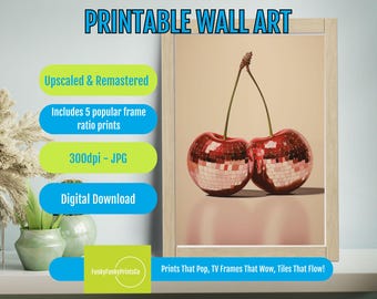 Disco Cherry Abstract Wall Art Print, Modern Red Disco Ball Decor, Funky Contemporary Printable, Vibrant Unique Home Download