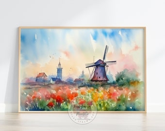 Aquarelle sur moulin à vent, monuments célèbres, chemise d'Amsterdam, affiche de voyage, téléchargement numérique, moulin à vent d'Amsterdam, aquarelle