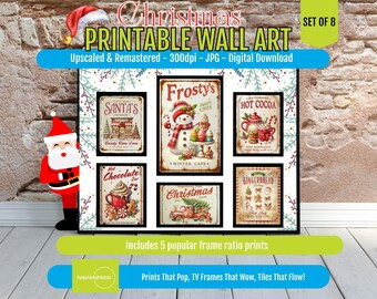Christmas Wall Art PRINTABLE Set of 8 – Vintage Holiday Decor for Kitchen, Hot Cocoa Bar & Home – Festive Digital Download Prints