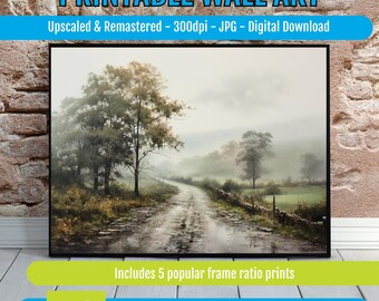 Serene Misty Countryside Landscape with Winding Dirt Road and Lush Greenery - Digital Art for Instant Download