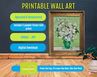 White Roses in Green Vase Painting PRINTABLE, Post-Impressionist Wall Art Decor, Floral Canvas Print, Elegant Home Decor Gift