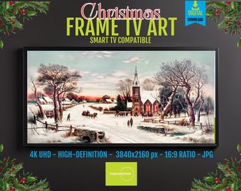 Winter Village Digital Art: Nostalgic Church and Carriage Scene (For Frame TV)