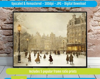 Vintage Winter Skating Scene PRINTABLE Art, Victorian Digital Cityscape, Christmas Decor, Historical Winter Wall Download