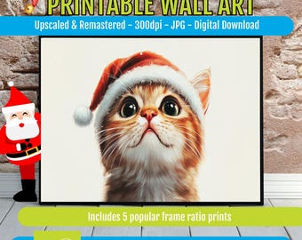 Santa Hat Art - Adorable Cat in Santa Hat, Printable Christmas Wall Art, Festive Cat Lover Decor, Holiday Digital Download, Whimsical Xmas