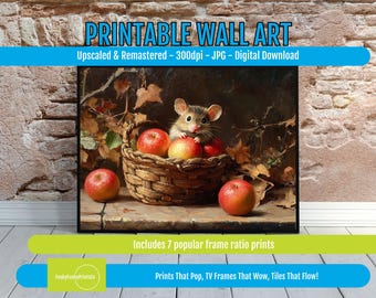 Printable Wall Art Mouse with Red Apples – Autumn Kitchen Decor, Farmhouse Style Animal Illustration, Seasonal Still Life, Digital Download