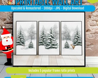 Winter Forest Animal Wall Art Set, Snowy Woodland Prints with Fox and Rabbit, Scandinavian Nature Decor, Christmas Watercolor Artwork