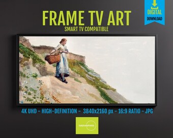 FRAME TV Art Girl Carrying Basket 4K, Modern Digital Wall Decor, Unique Living Room Art, 16x9 High Resolution Download