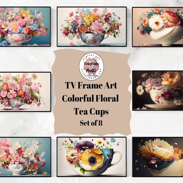 FRAME TV Art Colorful Floral Tea Cups, Set of 8, 4K High Definition (HD), Digital Download, Samsung, Lg Tv Art