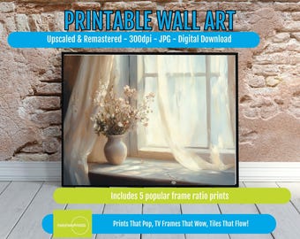 Serene Window Scene Printable Art: Floral Still Life (Digital Download, For Screen Use Only)