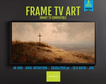 Religious Hilltop Cross at Sunset, Serene Landscape Art Download, Peaceful Nature Decor, UHD Screensaver for Frame TV