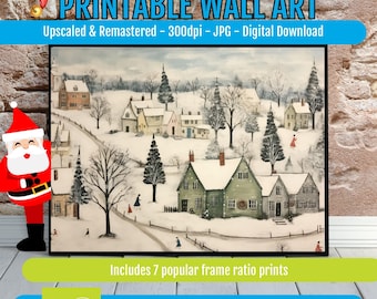 Printable Winter Village Wall Art – Snowy Village Scene, Cozy Holiday Home Decor, Digital Download Christmas Printable Art