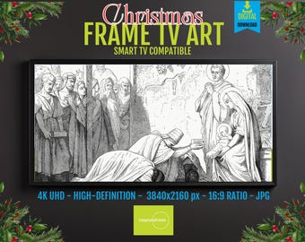Nativity Line Art Print: Monochrome Religious Scene for Frame TV