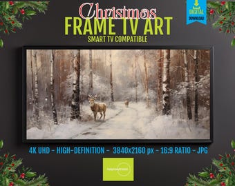 Samsung Frame TV Art – Snowy Forest Oil Painting Scene, Winter Landscape Display, 4K UHD Digital Download, Cozy Holiday Home Decor