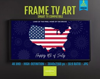 4k UHD Screensaver Fireworks USA Map Art, Patriotic 4th of July American Flag Digital Wall Decor, Instant Download for Frame TV