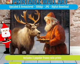 Rustic Holiday Wall Art Santa and Reindeer Printable, Vintage Christmas Cottage Scene Poster, Cozy Winter Mantel Decor Digital Download
