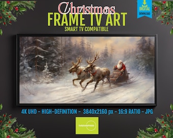Samsung Frame TV Art Santa and Reindeer, Snowy Path Landscape, 4K HD Digital Download, Christmas Screensaver, Winter Holiday Display