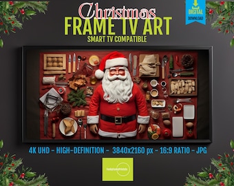 Samsung Frame TV Christmas Art Santa Claus, Farmhouse Holiday Knolling Style, HD Digital Download, 16x9 Festive Screensaver Decor