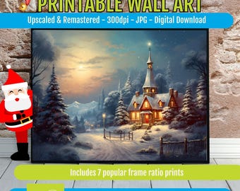 Christmas Cottage Wall Art Printable, Cozy Winter Snow Village Painting, Vintage Holiday Decor Poster, Festive Landscape Digital Download