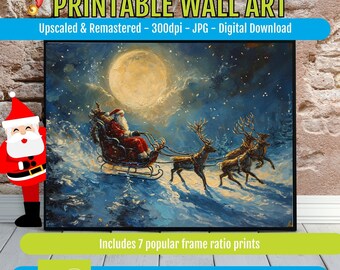 Vintage Santa on Sled Christmas Wall Art Printable, Retro Winter Holiday Poster, Snowy Village Scene, Cottage Mantel Decor, Instant Download