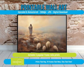 Christian Wall Art The Lord Is My Shepherd with Jesus and Sheep Print, Inspirational Faith Home Decor, Biblical Landscape Gift Idea