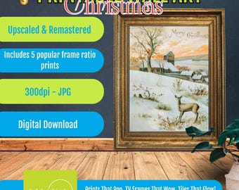 Winter Landscape Art with Deer, Vintage Christmas Printable Wall Decor, Holiday Home Decor, Digital Download Art for Festive Seasons