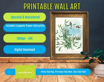 Vintage Christmas Wall Art - Mistletoe and Birds PRINTABLE - Festive Holiday Illustration, Rustic Winter Home Decor, Seasonal Greeting Art
