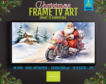 Samsung Frame TV Art – Santa Claus on Motorcycle, Fun Holiday Biker Scene, 4K UHD Digital Download, Quirky Christmas Wall Display